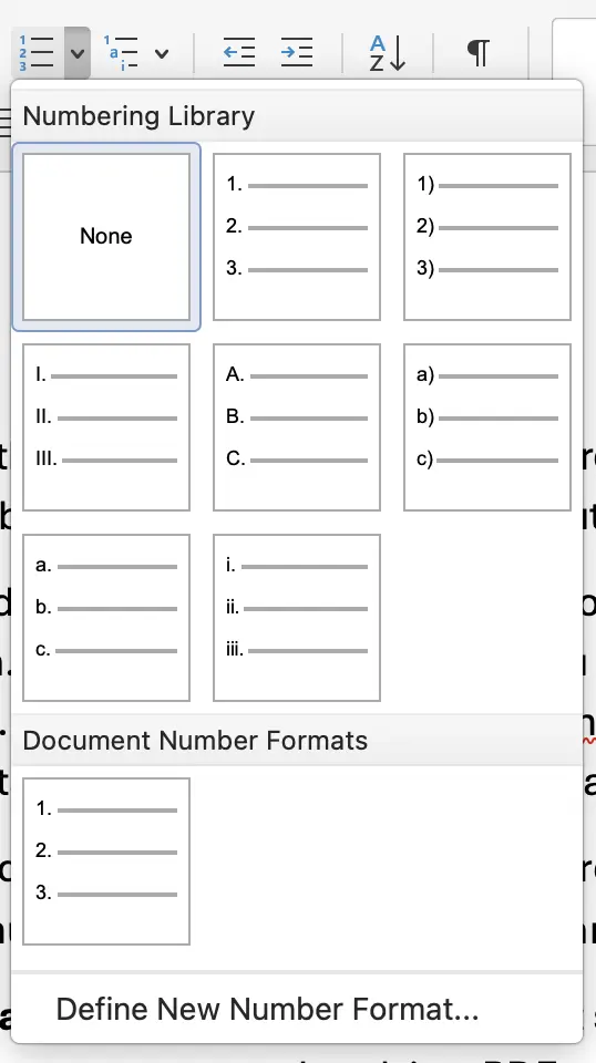 Numbered list formatting dropdown open in the Home tab in Word.