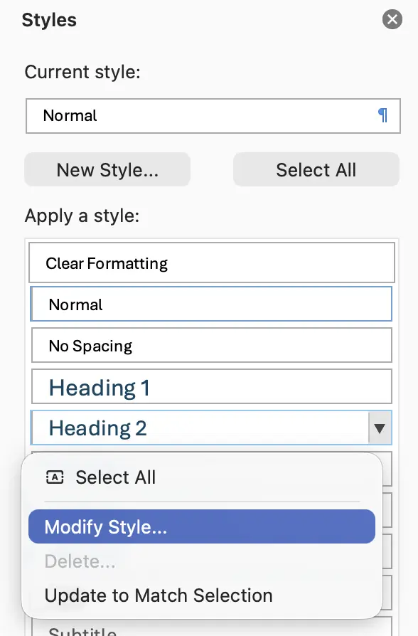 Word styles pane, drop down list open next to a heading to modify the style of that heading