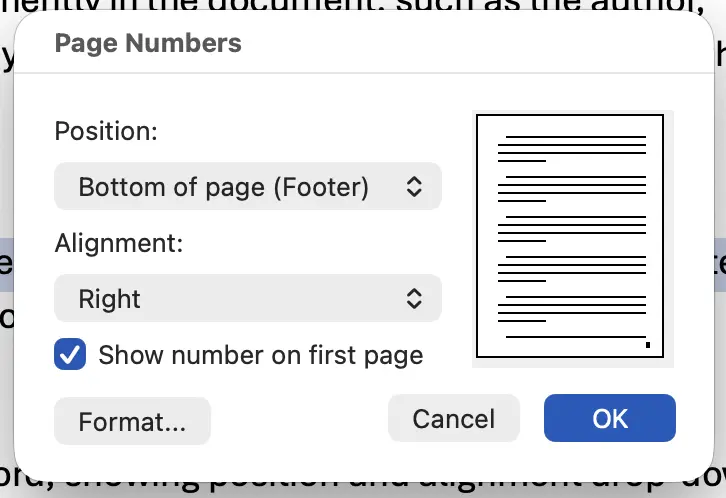 Page number panel in Word, showing position and alignment drop-down.