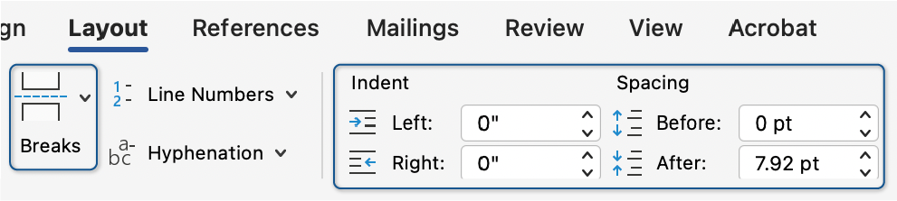 The Paragraph section of the Layout tab highlighting the Spacing tools.