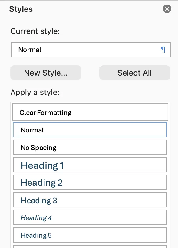 Word styles pane open showing headings 1 through 5 styles as well as others.